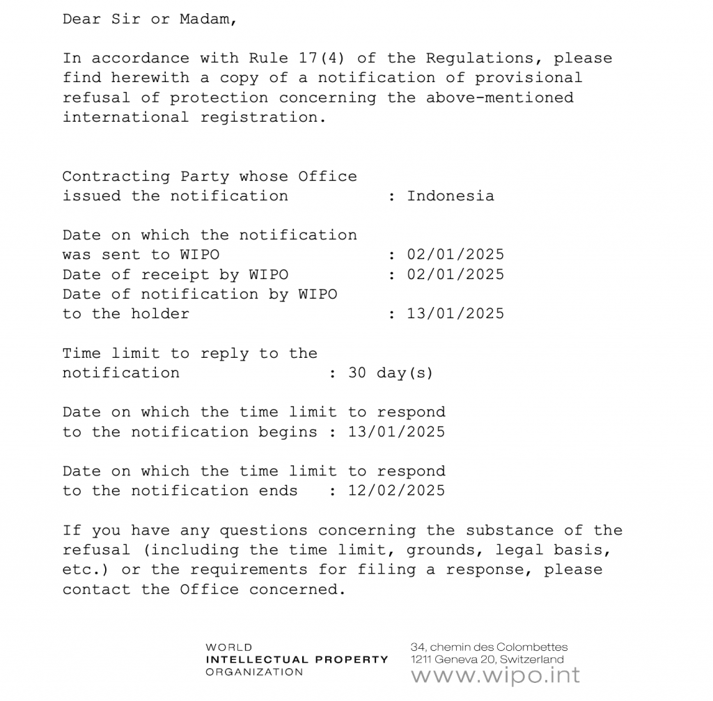 Example of a Trademark Refusal Notification Sent by WIPO for an Application Filed Through the Madrid Protocol - AFFA IPR